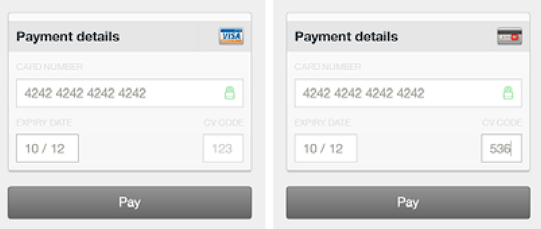 A screenshot of a credit card part of a payment form. It shows the credit card icon flipping over when focus shofts to the CVC field. 