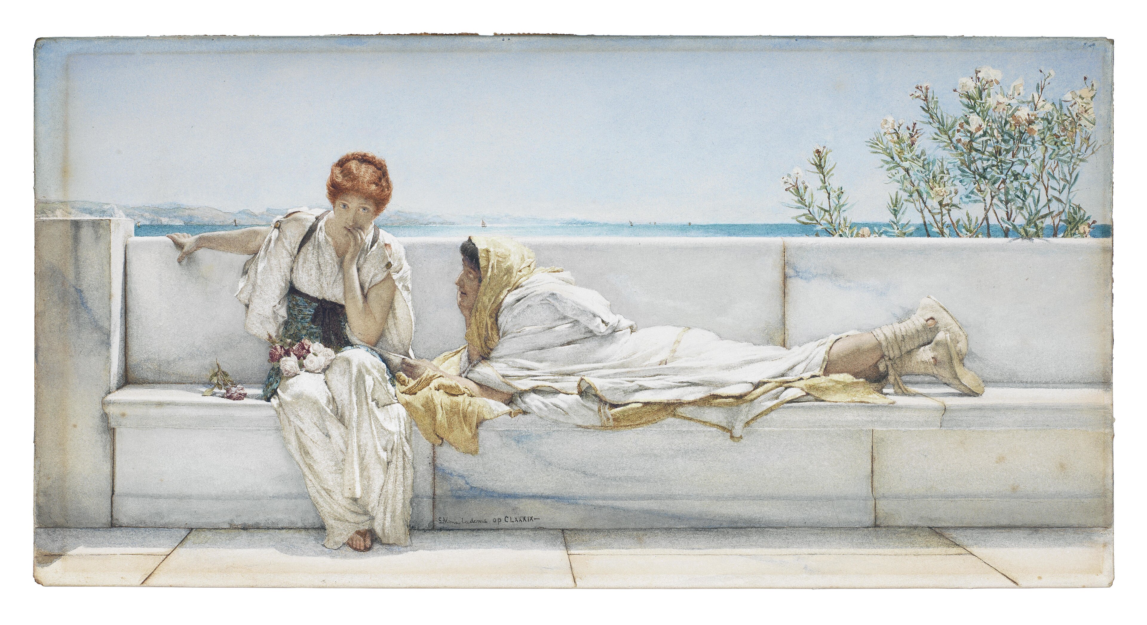 The Alma Tadema painting 'A Solicitation'. A young woman sits on a marble bench with a young man lying to her left. The setting is the kind of idealized version of ancient Greece that Tadema was famous for with much marble and clear, bright skies.