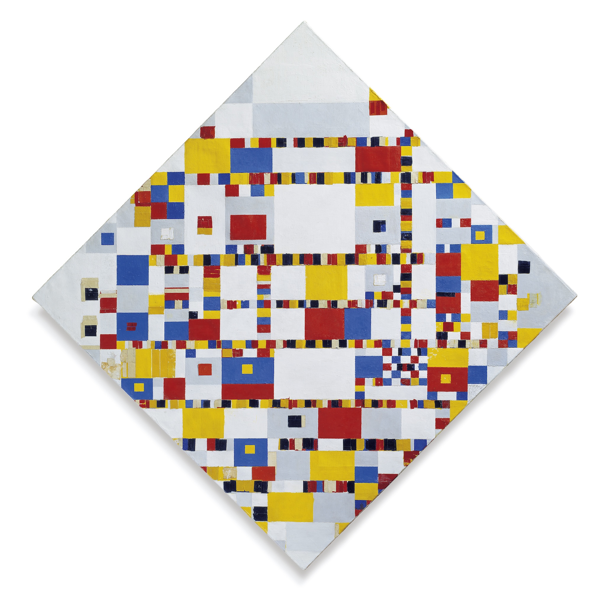Victory Boogie Woogie, by Piet Mondrian. A square canvas, mounted at an angle of 45 degrees. Various orthogonal red, blue, yellow and black squares evoke the city grid of New York in an abstract way.